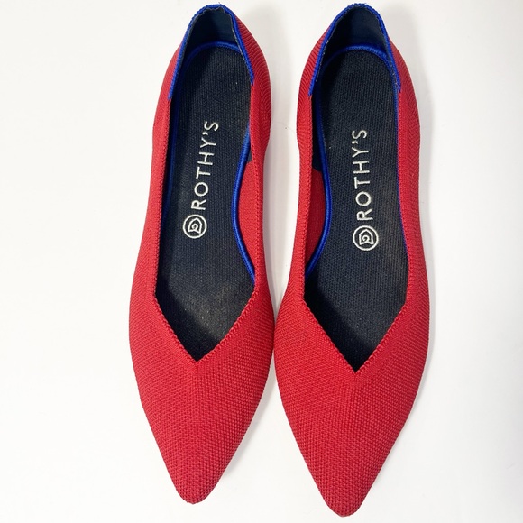 Rothy's Red Pointed Toe Ballet Flats with Blue Trim Size 10.5 - Picture 3 of 12